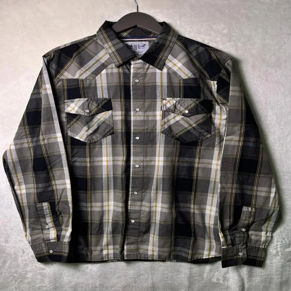 VTG Y2K Levi's Western Pearl Snap Up Shirt Men's L Black Yellow White Tab Cowboy